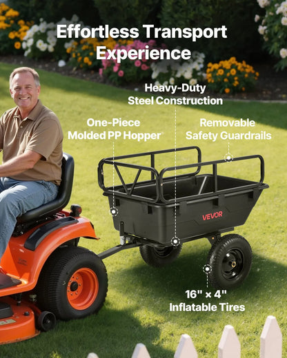 VEVOR Garden Utility Trailer, 10 Cu. Ft 500lbs, ATV UTV Hauling Trailer, Tow Behind Poly Dump Cart with 16" Tires, Hand Pull or Foot Pedal, Heavy Duty Yard Trailers for Lawn Mower Tractor Garden Waste - View 2