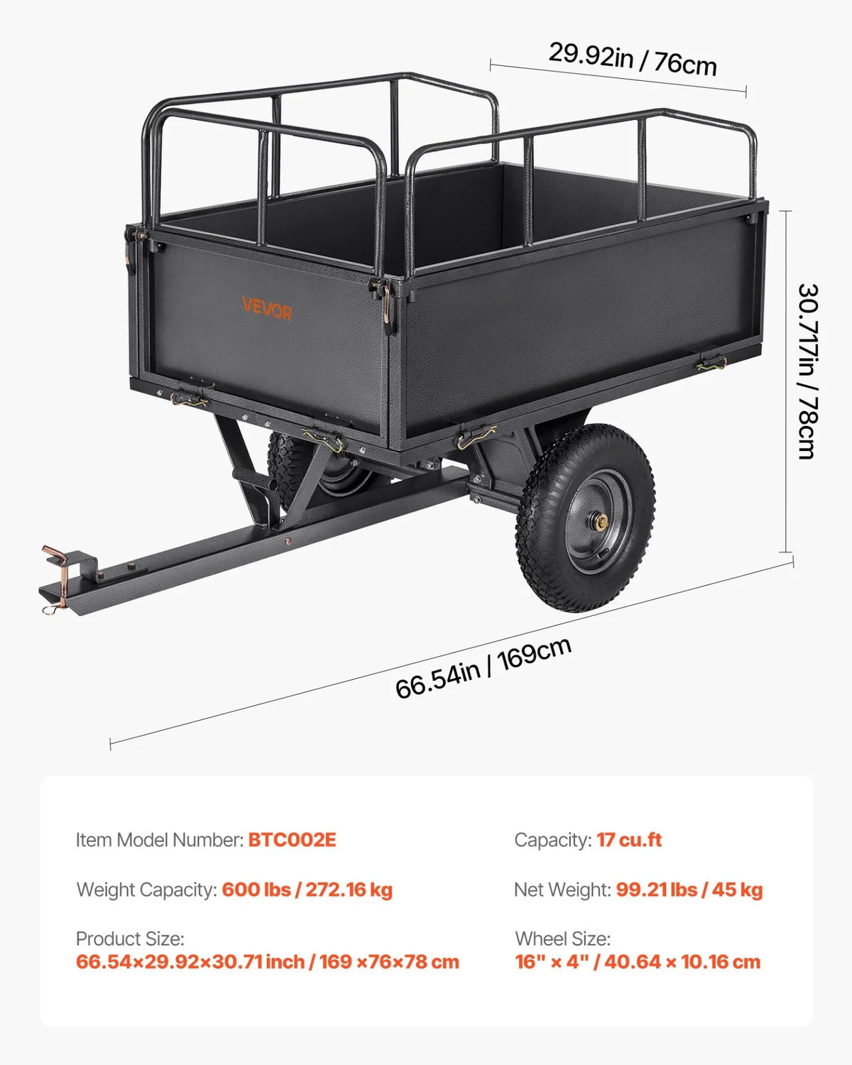 VEVOR Garden Utility Trailer, 17 Cu. Ft & 600lbs Capacity, ATV UTV Hauling Trailer, Tow Behind Steel Dump Cart with 16" Tires, Hand Pull or Foot Pedal, Heavy Duty Yard Trailers for Lawn Mower Tractor - View 12