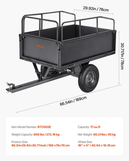 VEVOR Garden Utility Trailer, 17 Cu. Ft & 600lbs Capacity, ATV UTV Hauling Trailer, Tow Behind Steel Dump Cart with 16" Tires, Hand Pull or Foot Pedal, Heavy Duty Yard Trailers for Lawn Mower Tractor - View 12