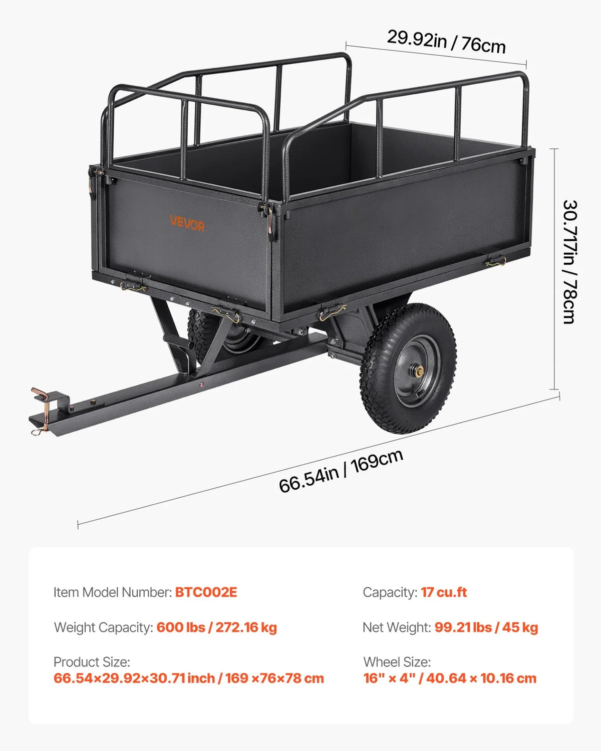VEVOR Garden Utility Trailer, 17 Cu. Ft & 600lbs Capacity, ATV UTV Hauling Trailer, Tow Behind Steel Dump Cart with 16" Tires, Hand Pull or Foot Pedal, Heavy Duty Yard Trailers for Lawn Mower Tractor - View 6