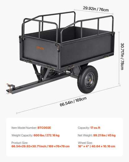 VEVOR Garden Utility Trailer, 17 Cu. Ft & 600lbs Capacity, ATV UTV Hauling Trailer, Tow Behind Steel Dump Cart with 16" Tires, Hand Pull or Foot Pedal, Heavy Duty Yard Trailers for Lawn Mower Tractor - View 6