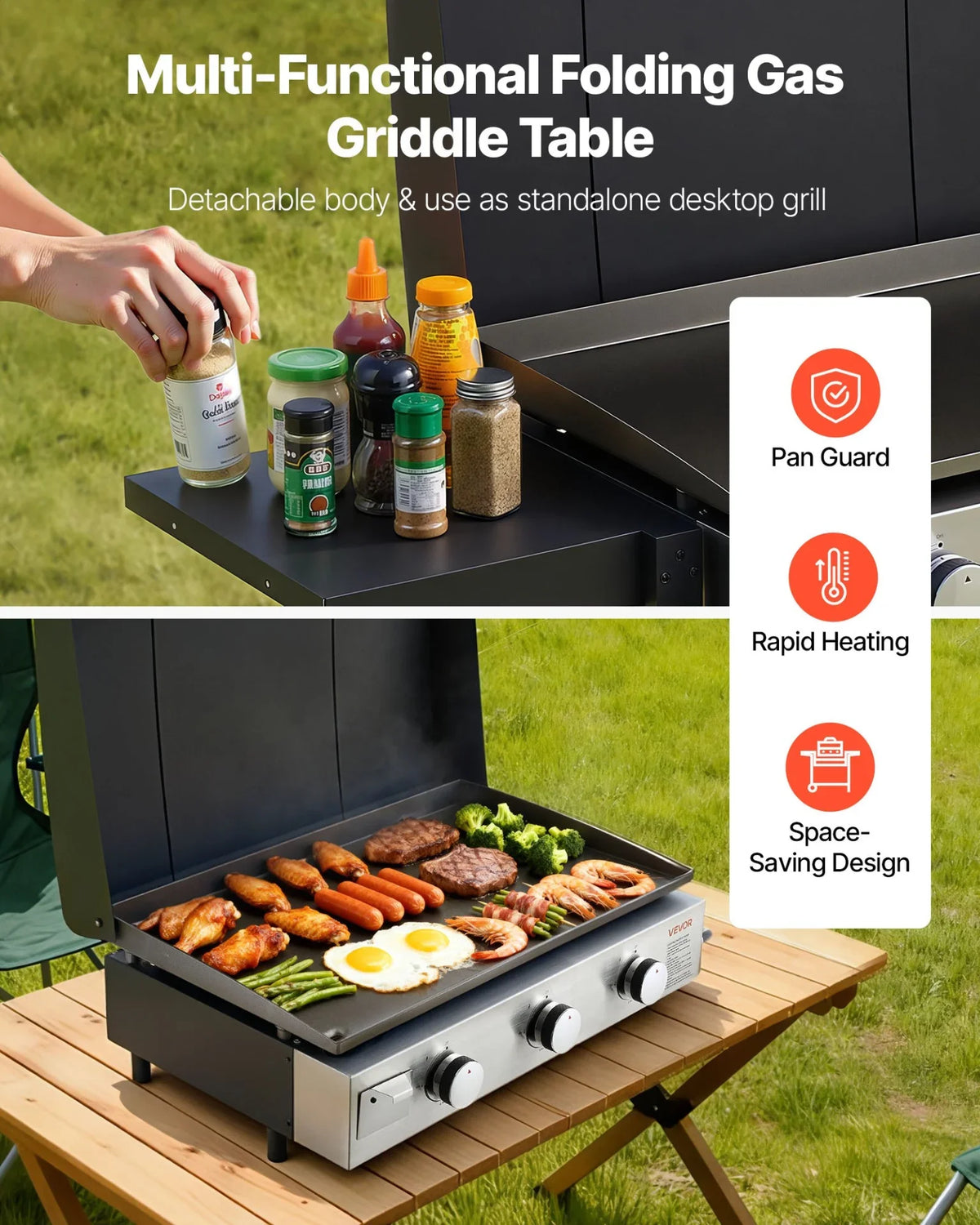 VEVOR Gas Griddle, 3-Burner Flat Top Grill, Propane Griddle with Wheels, Lid, 3 x 11000 BTU Outdoor Flat Top Grills for Pan-Frying, Grilling, Stir-Frying, & BBQ, Pulse Ignition, Removable Top Design