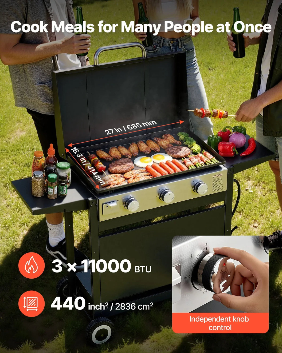 VEVOR Gas Griddle, 3-Burner Flat Top Grill, Propane Griddle with Wheels, Lid, 3 x 11000 BTU Outdoor Flat Top Grills for Pan-Frying, Grilling, Stir-Frying, & BBQ, Pulse Ignition, Removable Top Design - View 2