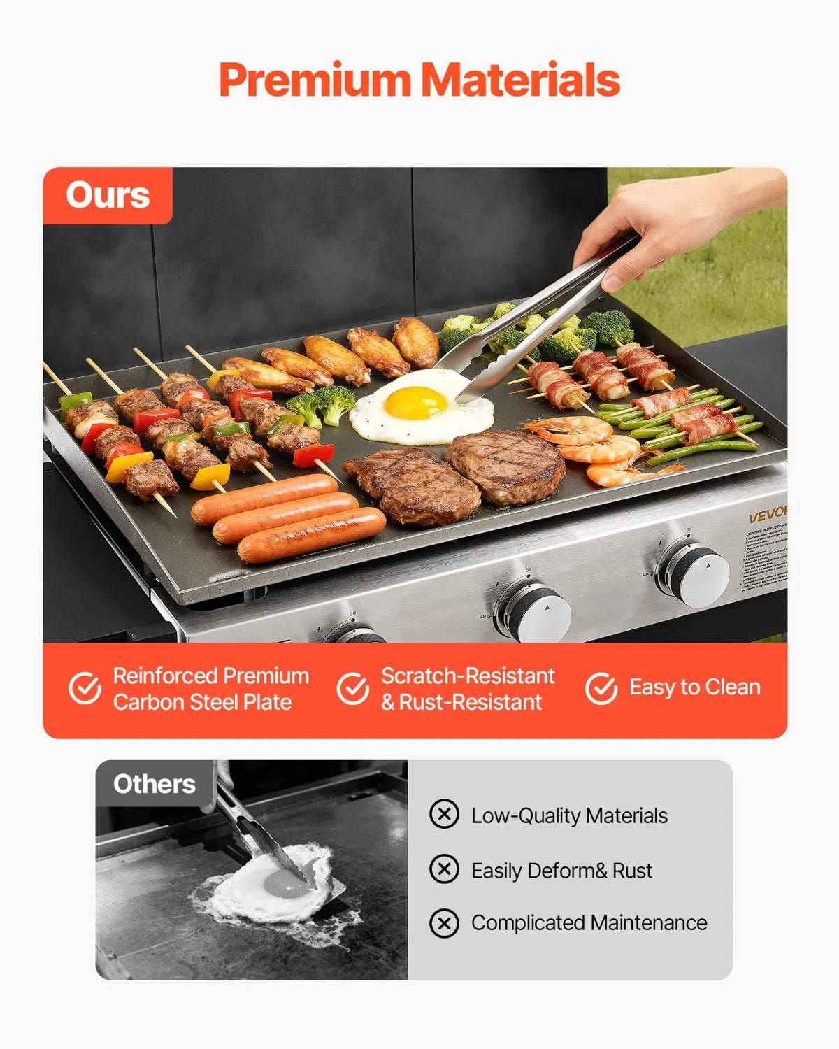 VEVOR Gas Griddle, 3-Burner Flat Top Grill, Propane Griddle with Wheels, Lid, 3 x 11000 BTU Outdoor Flat Top Grills for Pan-Frying, Grilling, Stir-Frying, & BBQ, Pulse Ignition, Removable Top Design - View 3