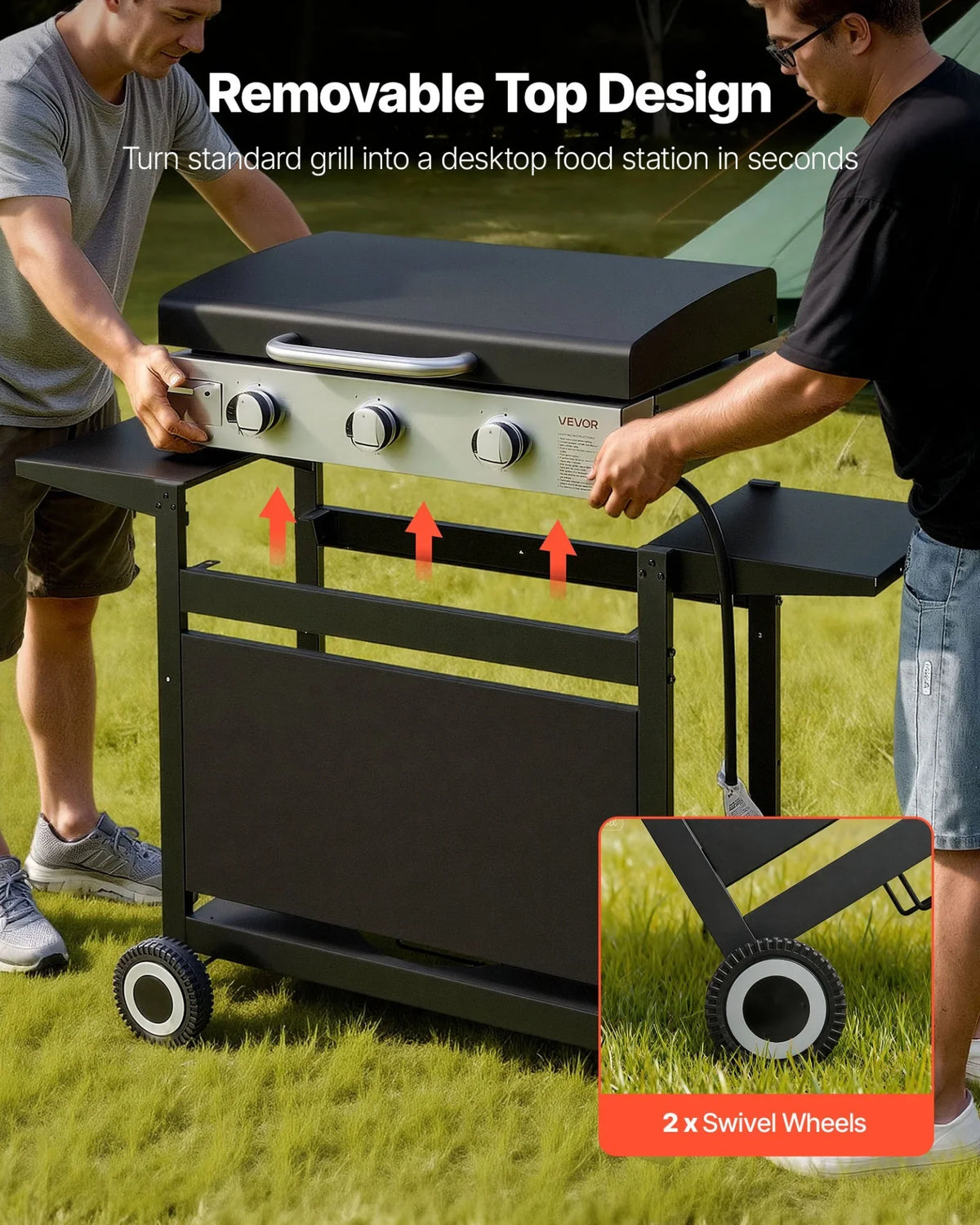 VEVOR Gas Griddle, 3-Burner Flat Top Grill, Propane Griddle with Wheels, Lid, 3 x 11000 BTU Outdoor Flat Top Grills for Pan-Frying, Grilling, Stir-Frying, & BBQ, Pulse Ignition, Removable Top Design - View 4