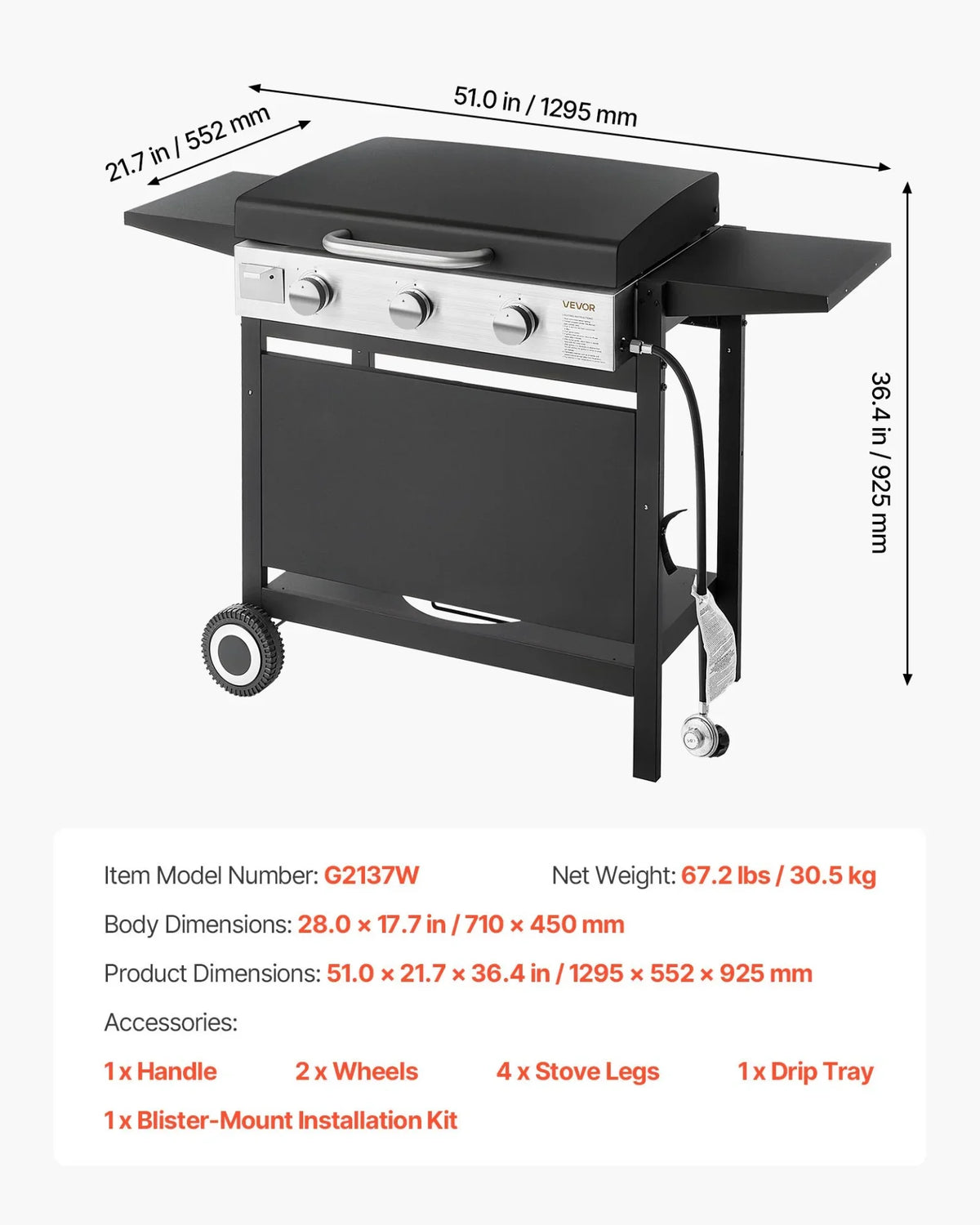 VEVOR Gas Griddle, 3-Burner Flat Top Grill, Propane Griddle with Wheels, Lid, 3 x 11000 BTU Outdoor Flat Top Grills for Pan-Frying, Grilling, Stir-Frying, & BBQ, Pulse Ignition, Removable Top Design - View 6