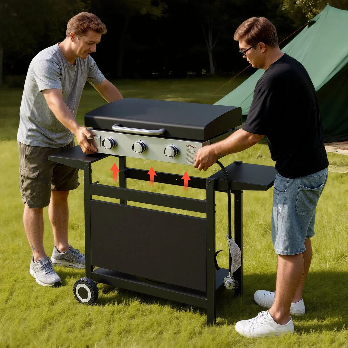 VEVOR Gas Griddle, 3-Burner Flat Top Grill, Propane Griddle with Wheels, Lid, 3 x 11000 BTU Outdoor Flat Top Grills for Pan-Frying, Grilling, Stir-Frying, & BBQ, Pulse Ignition, Removable Top Design - View 7