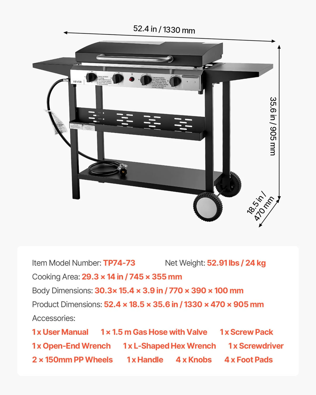 VEVOR Gas Griddle, 4-Burner Flat Top Grill, 29 inch Grill Plate Propane Griddle with Wheels, Lid, 28000 BTU Outdoor Flat Top Grills for Pan-Frying, Grilling, Stir-Frying, & BBQ, Pulse Ignition - View 6