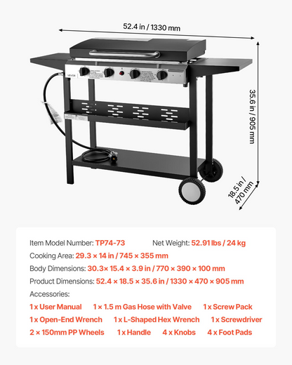 VEVOR Gas Griddle, 4-Burner Flat Top Grill, 29 inch Grill Plate Propane Griddle with Wheels, Lid, 28000 BTU Outdoor Flat Top Grills for Pan-Frying, Grilling, Stir-Frying, & BBQ, Pulse Ignition - View 6