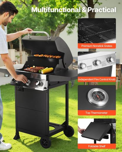 VEVOR Gas Grill, 3 Burner Propane Gas Grill with Spacious 338 SQ.In Grilling Area, Carbon Steel Enamel Grates, Outdoor 36,000 BTU Patio Garden BBQ Grills with Foldable Side Shelves, Carbon Steel - View 2