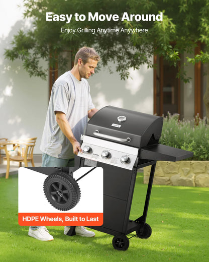 VEVOR Gas Grill, 3 Burner Propane Gas Grill with Spacious 338 SQ.In Grilling Area, Carbon Steel Enamel Grates, Outdoor 36,000 BTU Patio Garden BBQ Grills with Foldable Side Shelves, Carbon Steel - View 5