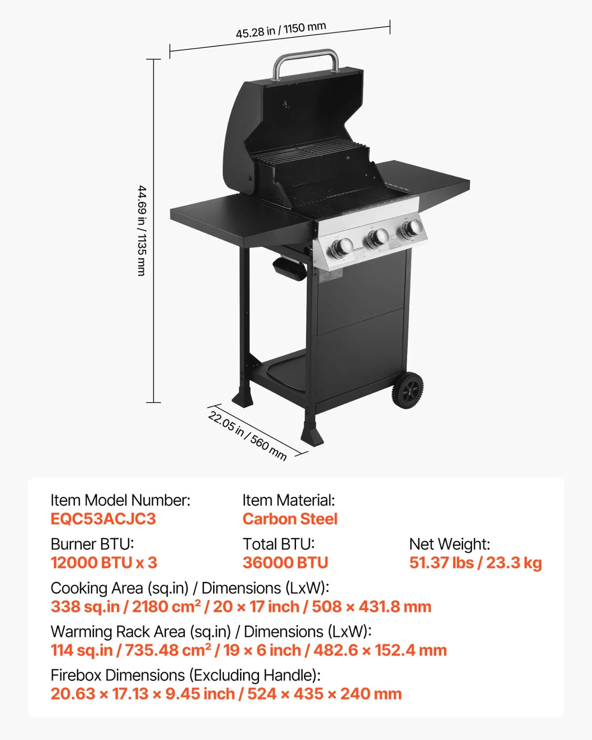 VEVOR Gas Grill, 3 Burner Propane Gas Grill with Spacious 338 SQ.In Grilling Area, Carbon Steel Enamel Grates, Outdoor 36,000 BTU Patio Garden BBQ Grills with Foldable Side Shelves, Carbon Steel - View 6