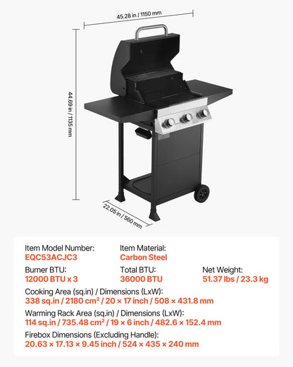 VEVOR Gas Grill, 3 Burner Propane Gas Grill with Spacious 338 SQ.In Grilling Area, Carbon Steel Enamel Grates, Outdoor 36,000 BTU Patio Garden BBQ Grills with Foldable Side Shelves, Carbon Steel - View 6