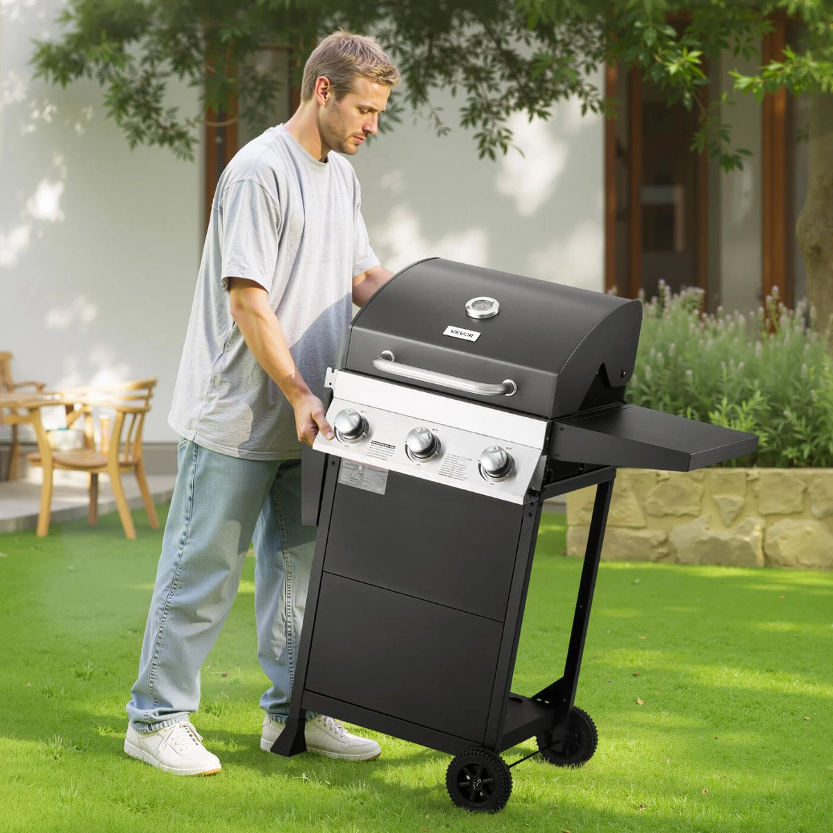 VEVOR Gas Grill, 3 Burner Propane Gas Grill with Spacious 338 SQ.In Grilling Area, Carbon Steel Enamel Grates, Outdoor 36,000 BTU Patio Garden BBQ Grills with Foldable Side Shelves, Carbon Steel - View 7