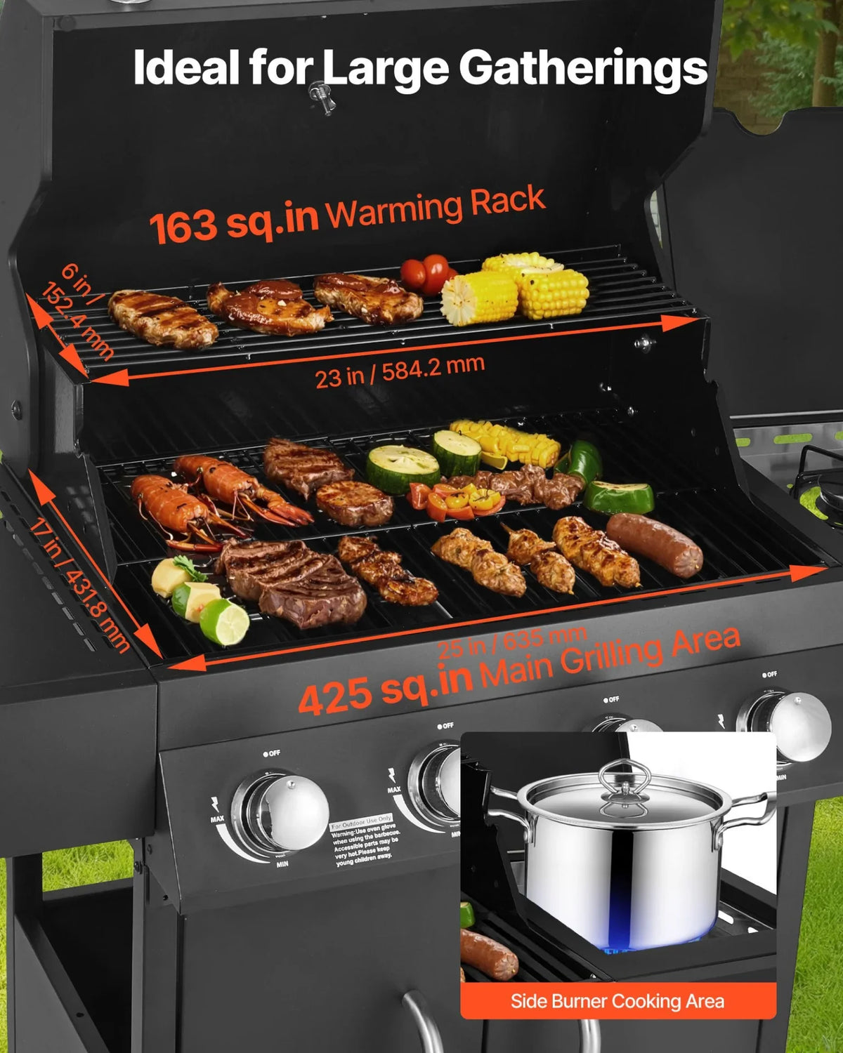 VEVOR Gas Grill, 4 Burner Propane Gas Grill with Side Burner, 425 SQ.In Grilling Area, Carbon Steel Enamel Grates, Outdoor 52,000 BTU Patio Garden BBQ Grills with Two Side Shelves, Carbon Steel - View 2
