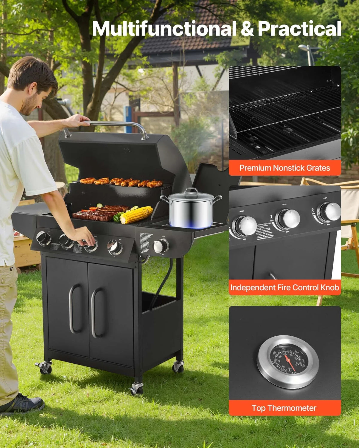 VEVOR Gas Grill, 4 Burner Propane Gas Grill with Side Burner, 425 SQ.In Grilling Area, Carbon Steel Enamel Grates, Outdoor 52,000 BTU Patio Garden BBQ Grills with Two Side Shelves, Carbon Steel - View 3