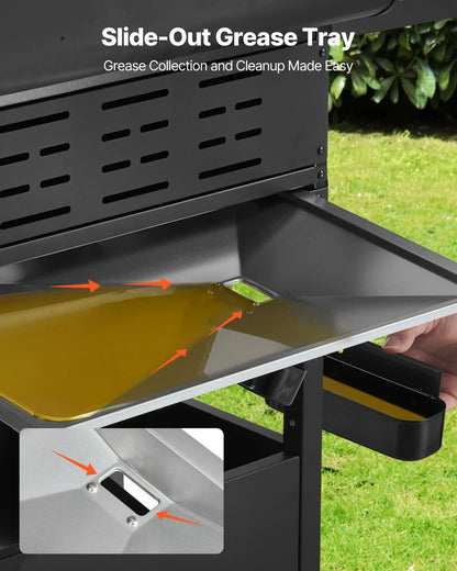 VEVOR Gas Grill, 4 Burner Propane Gas Grill with Side Burner, 425 SQ.In Grilling Area, Carbon Steel Enamel Grates, Outdoor 52,000 BTU Patio Garden BBQ Grills with Two Side Shelves, Carbon Steel - View 5