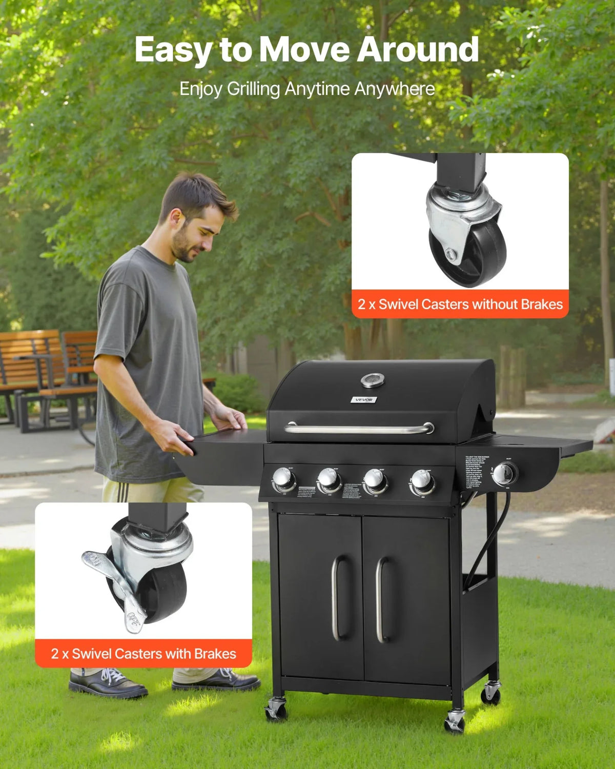 VEVOR Gas Grill, 4 Burner Propane Gas Grill with Side Burner, 425 SQ.In Grilling Area, Carbon Steel Enamel Grates, Outdoor 52,000 BTU Patio Garden BBQ Grills with Two Side Shelves, Carbon Steel - View 6