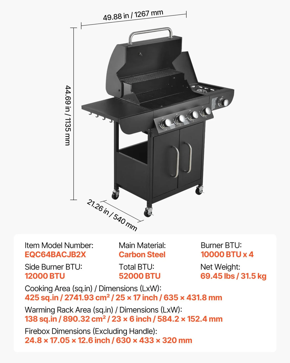 VEVOR Gas Grill, 4 Burner Propane Gas Grill with Side Burner, 425 SQ.In Grilling Area, Carbon Steel Enamel Grates, Outdoor 52,000 BTU Patio Garden BBQ Grills with Two Side Shelves, Carbon Steel - View 7