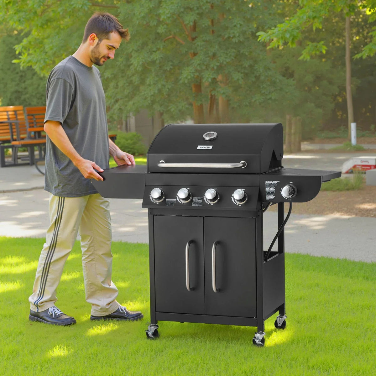 VEVOR Gas Grill, 4 Burner Propane Gas Grill with Side Burner, 425 SQ.In Grilling Area, Carbon Steel Enamel Grates, Outdoor 52,000 BTU Patio Garden BBQ Grills with Two Side Shelves, Carbon Steel - View 8