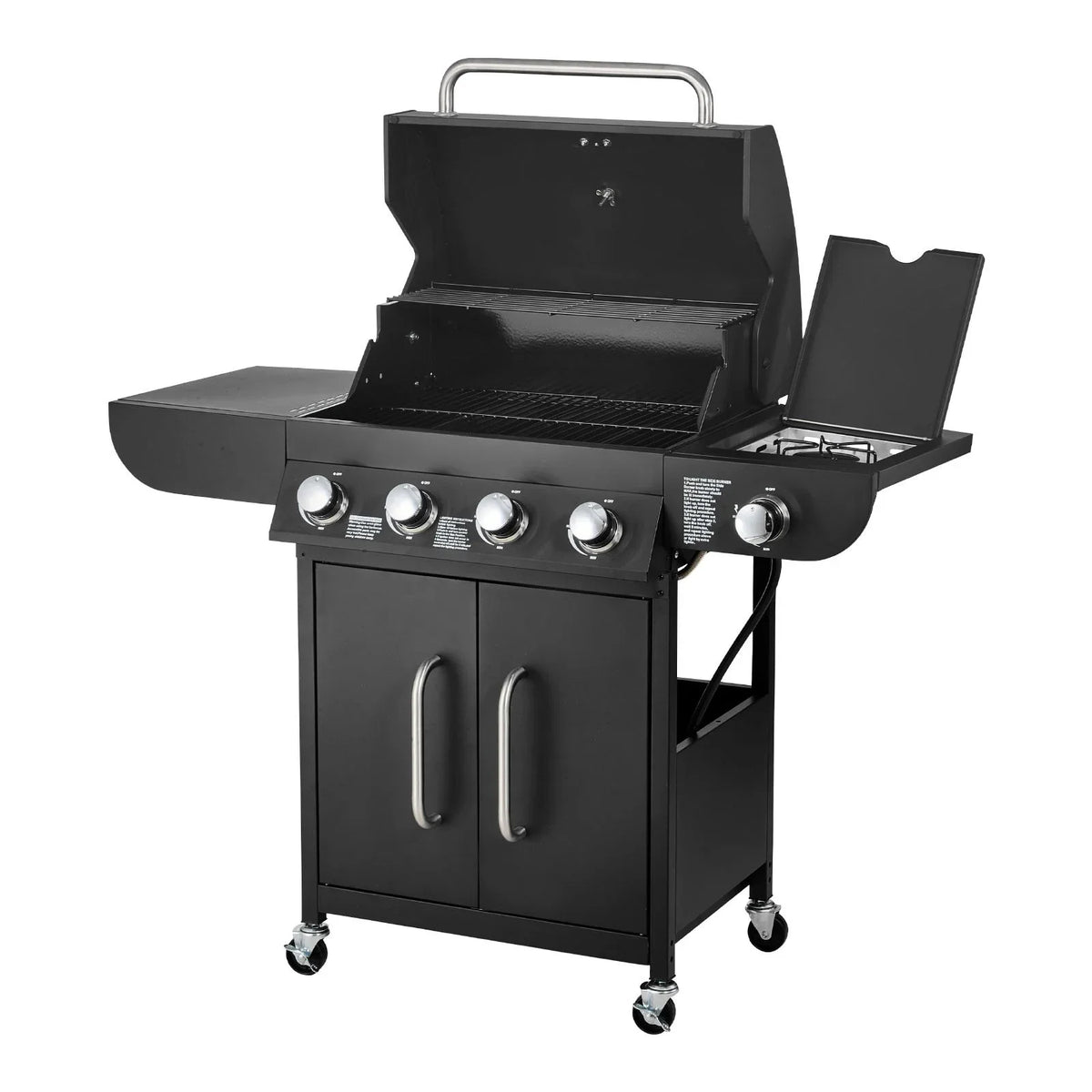 VEVOR Gas Grill, 4 Burner Propane Gas Grill with Side Burner, 425 SQ.In Grilling Area, Carbon Steel Enamel Grates, Outdoor 52,000 BTU Patio Garden BBQ Grills with Two Side Shelves, Carbon Steel - View 9