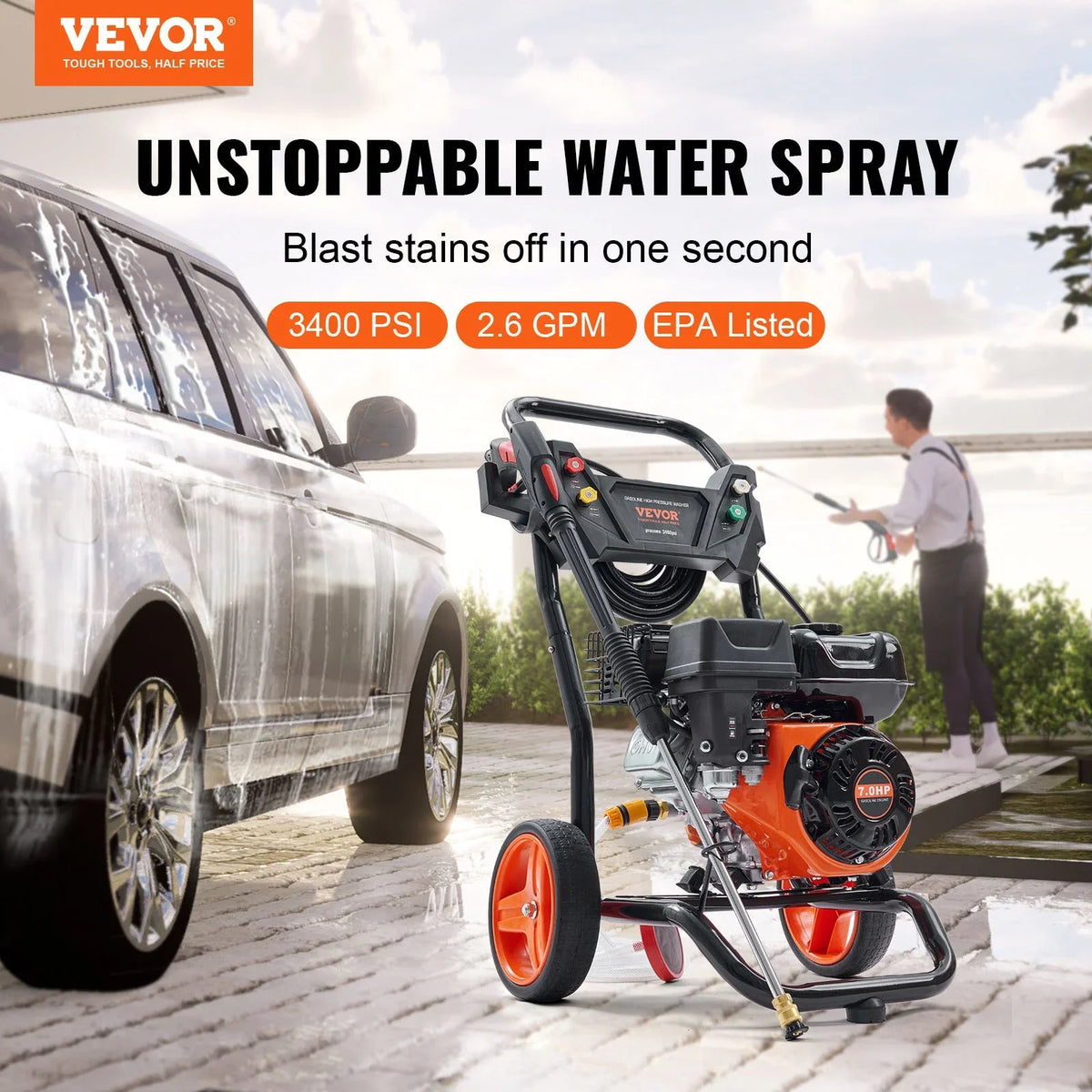 VEVOR Gas Pressure Washer, 3400 PSI 2.6 GPM, Gas Powered Pressure Washer with Aluminum Pump, Spray Gun and Extension Wand, 5 Quick Connect Nozzles, for Cleaning Cars, Homes, Driveways, Patios - View 3