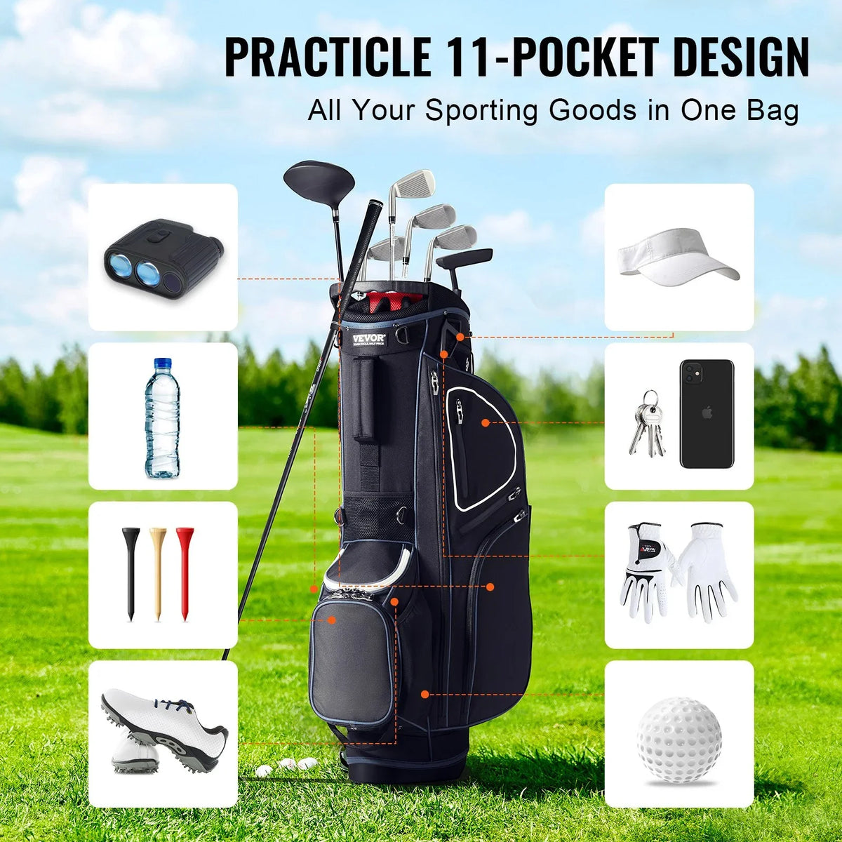 VEVOR Golf Cart Bag with 14 Way Organizer Divider Top, 35” 11 Pockets Premium Cart Bag with Stand, Durable Golf Bags with Handles & Dust Cover & Detachable Dual Strap for Men & Women, Black White - View 3