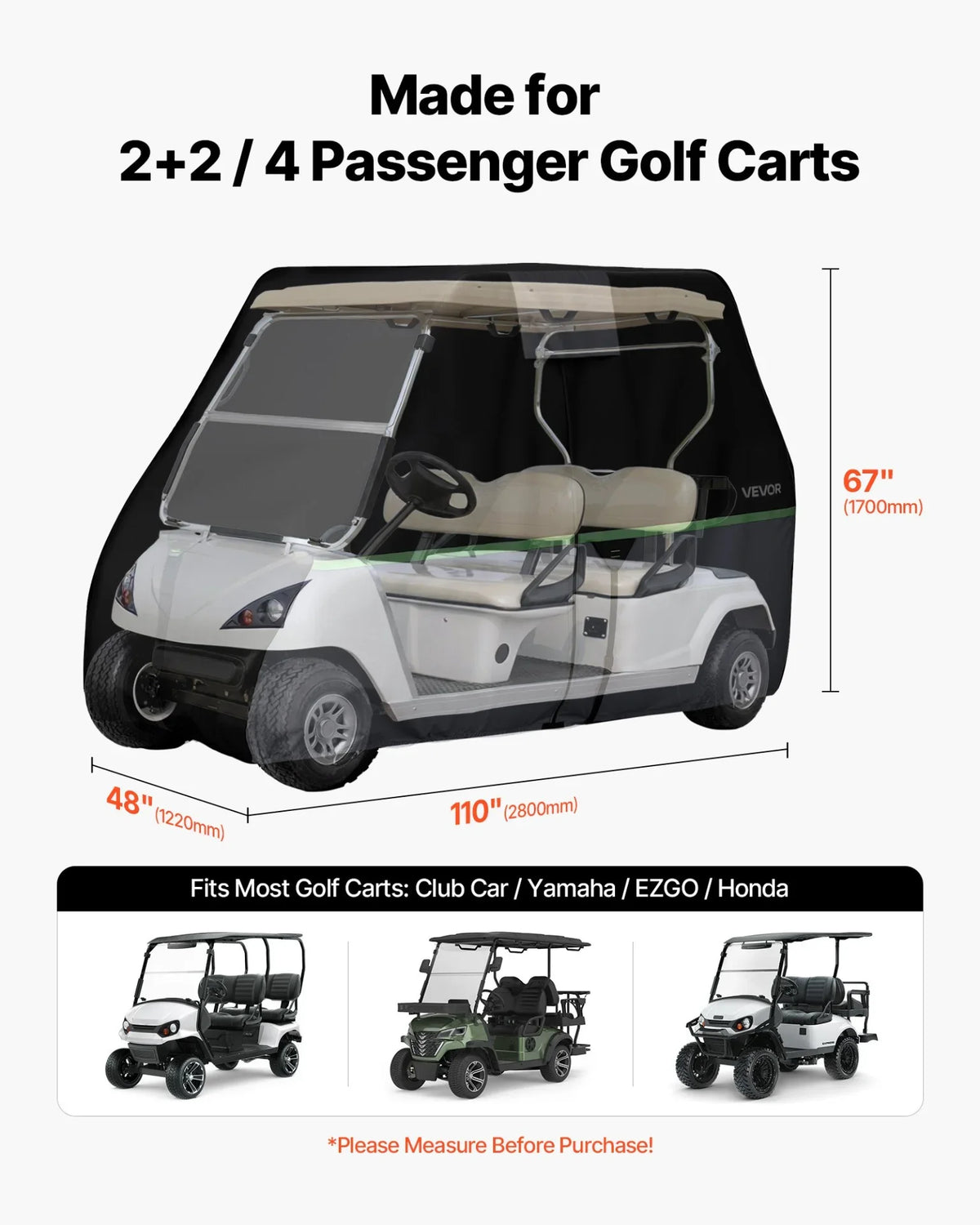 VEVOR Golf Cart Cover, Full Coverage 2+2/4 Passenger Golf Cart, 600D Waterproof Oxford Fabric Club Car Cover Fits Most Carts Club Car, Yamaha, EZGO, Honda, PU Coating & Three Zipper Doors - View 2