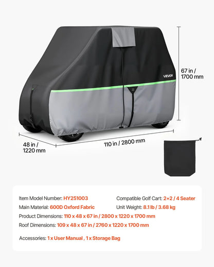 VEVOR Golf Cart Cover, Full Coverage 2+2/4 Passenger Golf Cart, 600D Waterproof Oxford Fabric Club Car Cover Fits Most Carts Club Car, Yamaha, EZGO, Honda, PU Coating & Three Zipper Doors - View 7