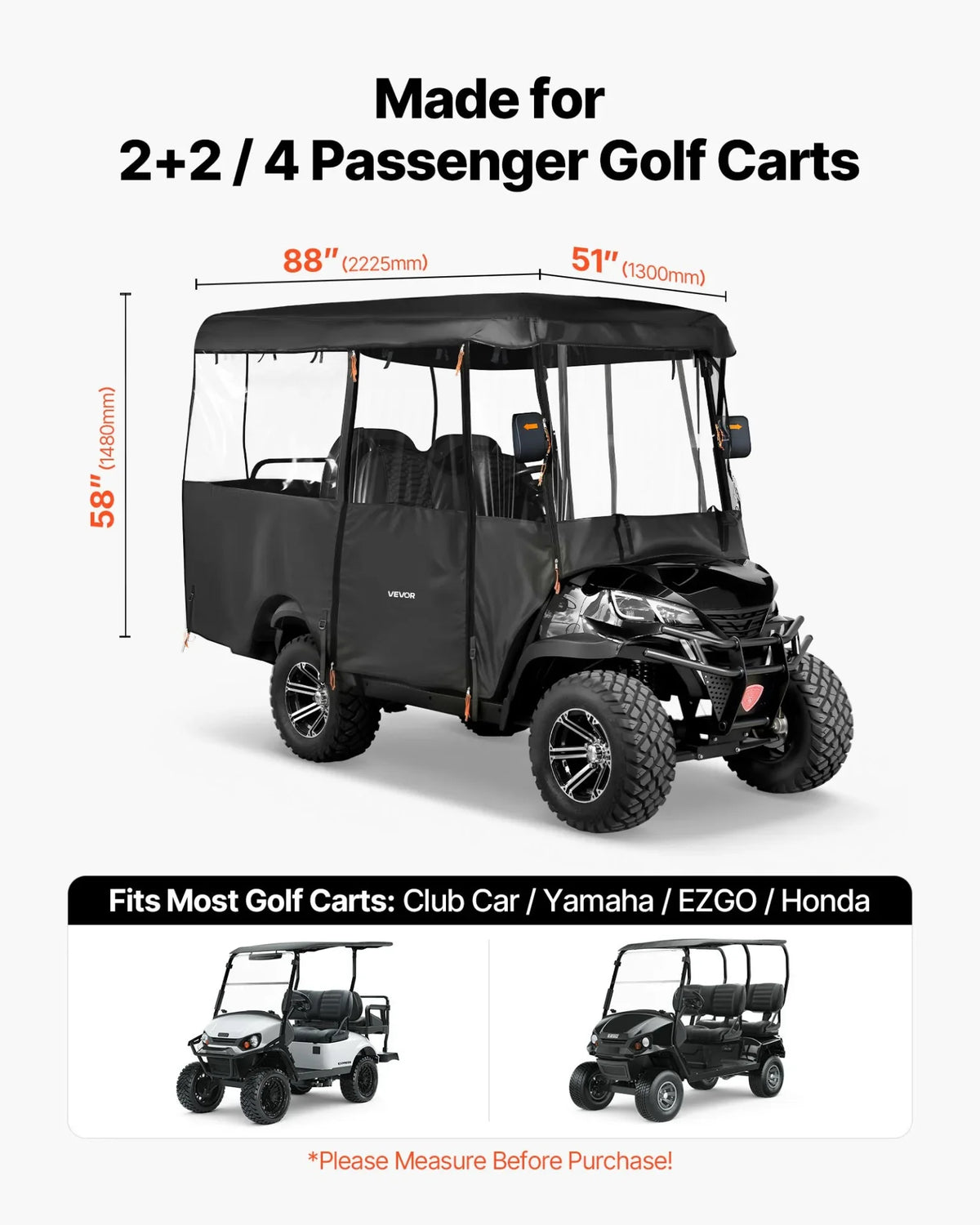 VEVOR Golf Cart Cover, Visible Full-Enclosure 2+2/4 Passenger Golf Cart, 420D Waterproof Oxford Fabric Club Car Cover Fits Most Carts Club Car, Yamaha, EZGO, Honda, PVC Coating & Windproof Hook Design - View 2