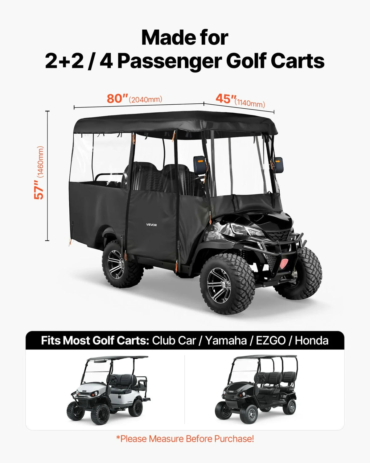 VEVOR Golf Cart Cover, Visible Full-Enclosure 2+2/4 Passenger Golf Cart, 420D Waterproof Oxford Fabric Club Car Cover Fits Most Carts Club Car, Yamaha, EZGO, Honda, PVC Coating & Windproof Hook Design - View 2