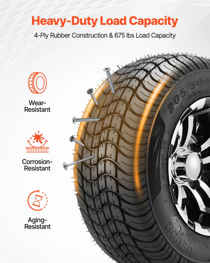 VEVOR Golf Cart Wheels, 10" 205/50-10 Black Aluminum Alloy Golf Cart Tires and Wheels Combo (Set of 4) Fit Club Car, EZGO, Yamaha, 4 Ply Rubber 4-Lug Lawn Mower Tires & Rims, 675 lbs Load, All-Terrain - View 3