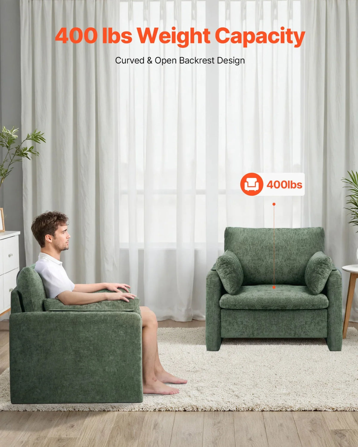 VEVOR Green Accent Chair, Modern Upholstered Accent Chair with Armrests, Cloth Arm Chairs with Thick Cushion and Arched Backrest, Single Fabric Armchair for Living Room, Bedroom, Study, Office