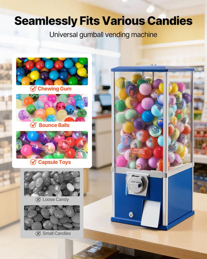 VEVOR Gumball Machine for Kids, 25" Height Home Vending Machine, PS Bouncy Balls Dispenser, Hold 230 Capsule Toys, Rectangle Bubble Gum Machine for Game Stores, Coin Operated Gumball Bank, Blue - View 11
