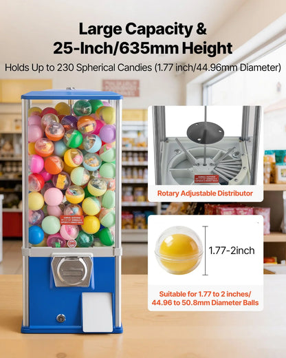 VEVOR Gumball Machine for Kids, 25" Height Home Vending Machine, PS Bouncy Balls Dispenser, Hold 230 Capsule Toys, Rectangle Bubble Gum Machine for Game Stores, Coin Operated Gumball Bank, Blue - View 12