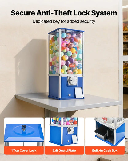 VEVOR Gumball Machine for Kids, 25" Height Home Vending Machine, PS Bouncy Balls Dispenser, Hold 230 Capsule Toys, Rectangle Bubble Gum Machine for Game Stores, Coin Operated Gumball Bank, Blue - View 15