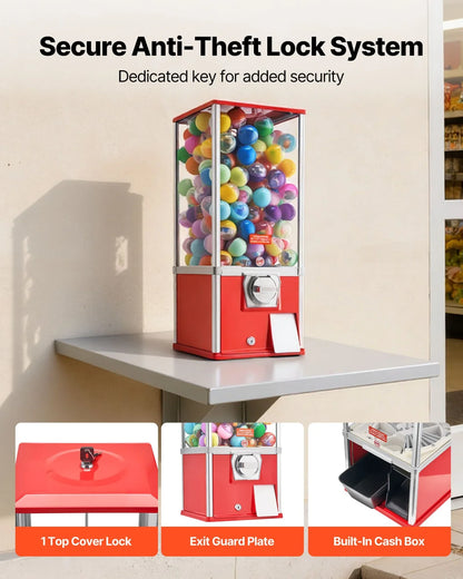 VEVOR Gumball Machine for Kids, 25" Height Home Vending Machine, PS Bouncy Balls Dispenser, Hold 230 Capsule Toys, Rectangle Bubble Gum Machine for Game Stores, Coin Operated Gumball Bank, Red - View 15