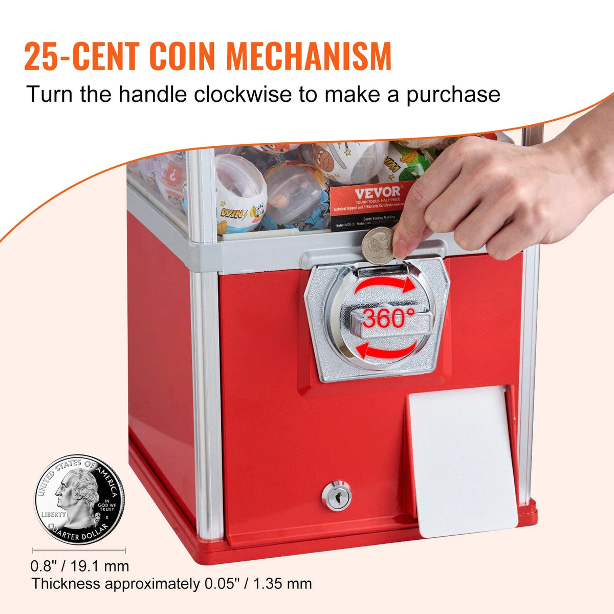 VEVOR Gumball Machine for Kids, 25" Height Home Vending Machine, PS Bouncy Balls Dispenser, Hold 230 Capsule Toys, Rectangle Bubble Gum Machine for Game Stores, Coin Operated Gumball Bank, Red - View 3