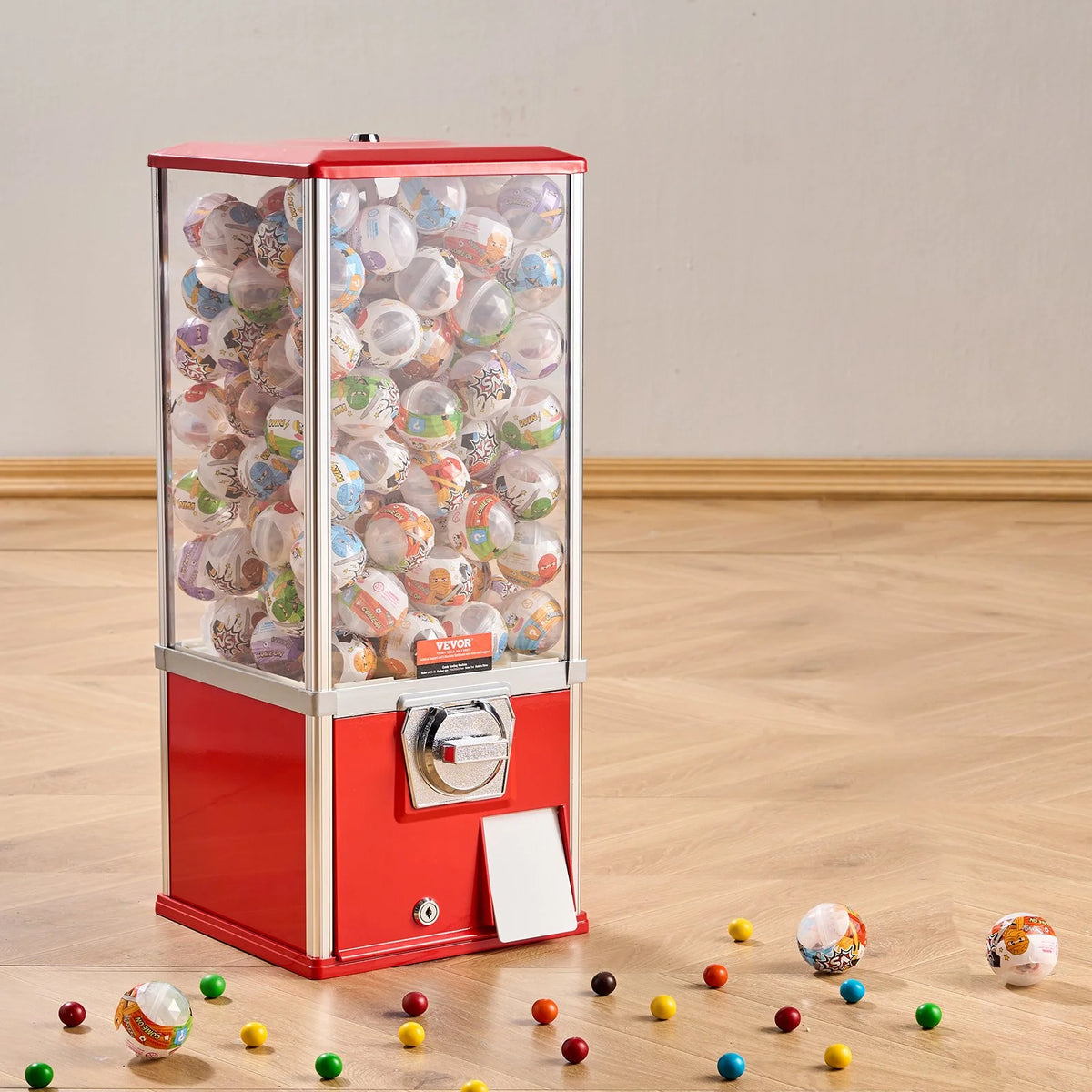 VEVOR Gumball Machine for Kids, 25" Height Home Vending Machine, PS Bouncy Balls Dispenser, Hold 230 Capsule Toys, Rectangle Bubble Gum Machine for Game Stores, Coin Operated Gumball Bank, Red - View 7