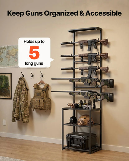 VEVOR Gun Rack, Floor Standing, Indoor Rifle Shotgun Rack Stand with Storage Shelf, for Wall Mount Gun Display Stand, Holds up to 5 Rifles, Heavy Duty Steel, for Home Garage Hunting Long Guns Storage
