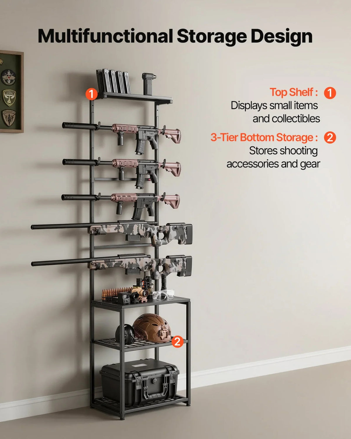 VEVOR Gun Rack, Floor Standing, Indoor Rifle Shotgun Rack Stand with Storage Shelf, for Wall Mount Gun Display Stand, Holds up to 5 Rifles, Heavy Duty Steel, for Home Garage Hunting Long Guns Storage - View 2