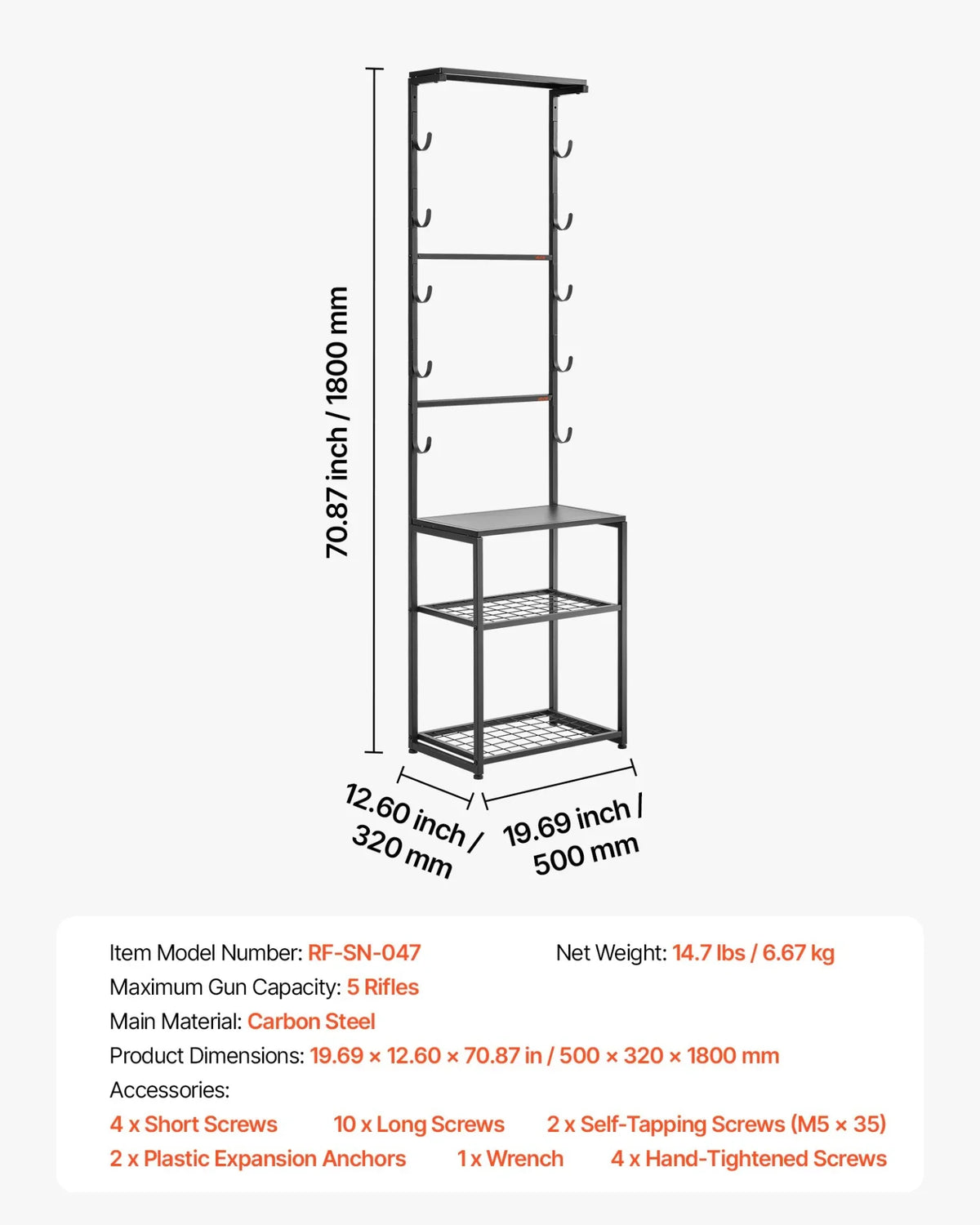 VEVOR Gun Rack, Floor Standing, Indoor Rifle Shotgun Rack Stand with Storage Shelf, for Wall Mount Gun Display Stand, Holds up to 5 Rifles, Heavy Duty Steel, for Home Garage Hunting Long Guns Storage - View 6