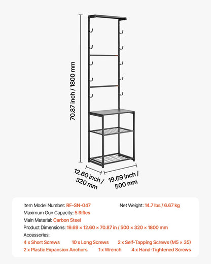 VEVOR Gun Rack, Floor Standing, Indoor Rifle Shotgun Rack Stand with Storage Shelf, for Wall Mount Gun Display Stand, Holds up to 5 Rifles, Heavy Duty Steel, for Home Garage Hunting Long Guns Storage - View 6
