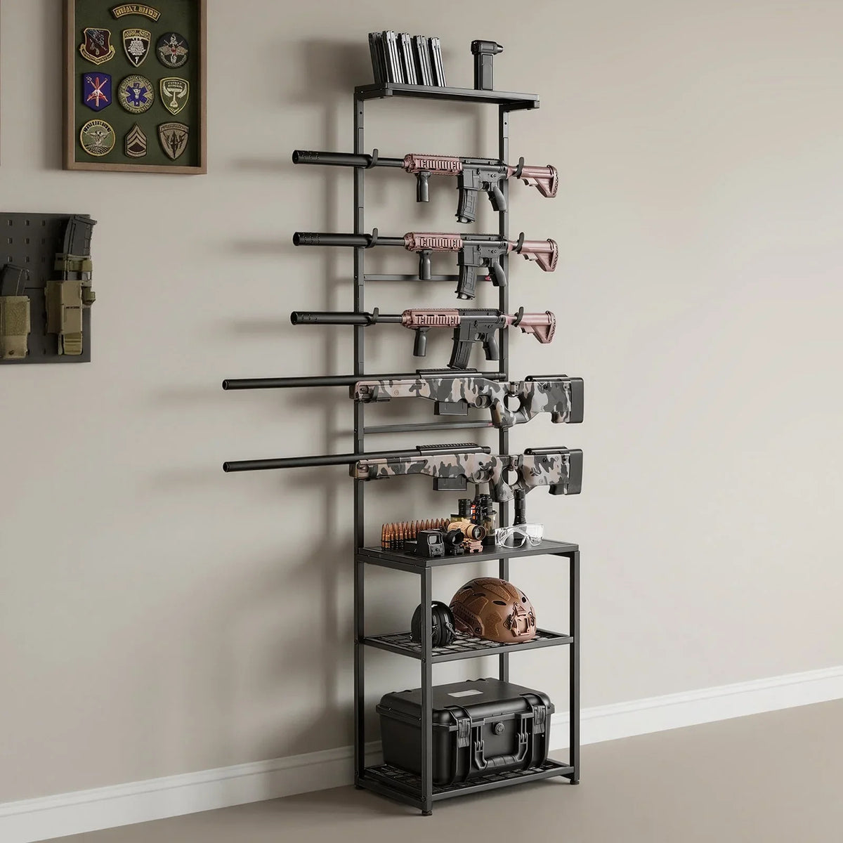 VEVOR Gun Rack, Floor Standing, Indoor Rifle Shotgun Rack Stand with Storage Shelf, for Wall Mount Gun Display Stand, Holds up to 5 Rifles, Heavy Duty Steel, for Home Garage Hunting Long Guns Storage - View 7