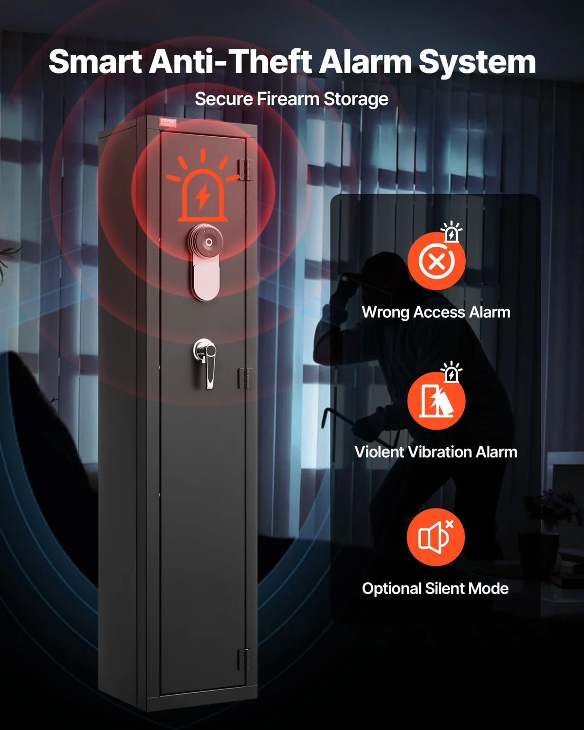 VEVOR Gun Safe, Heavy Duty Cold-Rolled Steel Fireproof Rifle Cabinet with Fingerprint, Digital Keypad & Key, Large Long Gun Cabinet with Magazine and LED, Adjustable Racks for Rifles, Pistols, Shotgun - View 3