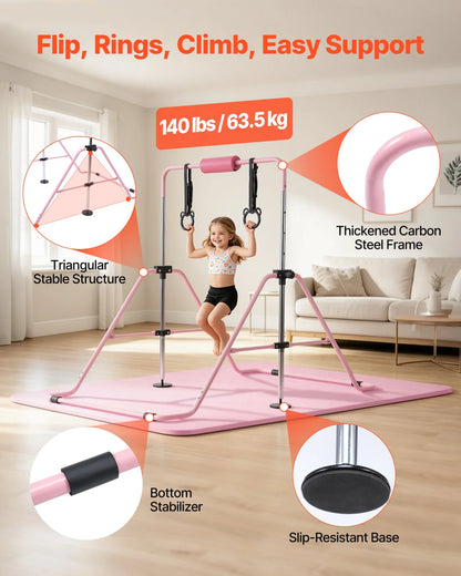 VEVOR Gymnastic Bars for Kids, 140 lbs Capacity Folding Training Kip Bar with Mat, Adjustable Height Gymnastic Horizontal Bar for Home, Training Equipment for Indoor Outdoor, Easy to Assemble, Pink - View 2