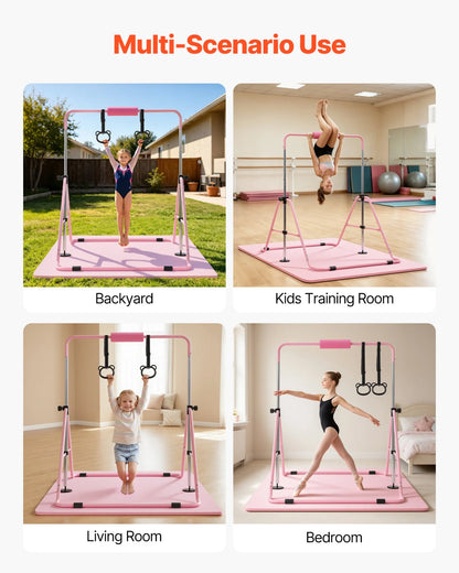 VEVOR Gymnastic Bars for Kids, 140 lbs Capacity Folding Training Kip Bar with Mat, Adjustable Height Gymnastic Horizontal Bar for Home, Training Equipment for Indoor Outdoor, Easy to Assemble, Pink - View 6