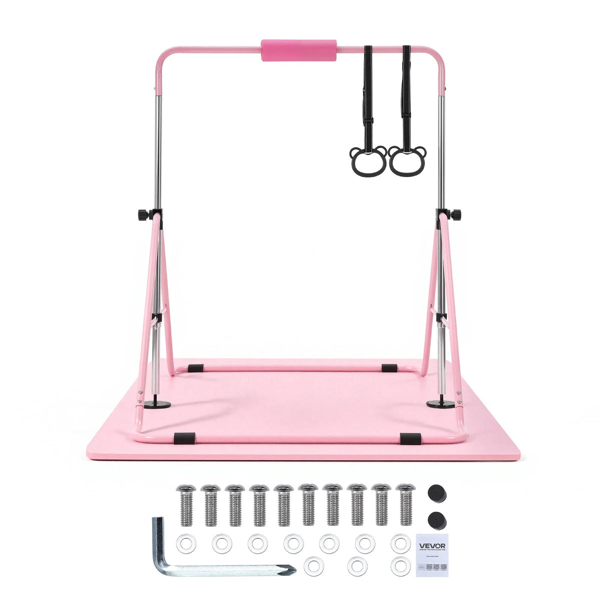 VEVOR Gymnastic Bars for Kids, 140 lbs Capacity Folding Training Kip Bar with Mat, Adjustable Height Gymnastic Horizontal Bar for Home, Training Equipment for Indoor Outdoor, Easy to Assemble, Pink - View 8