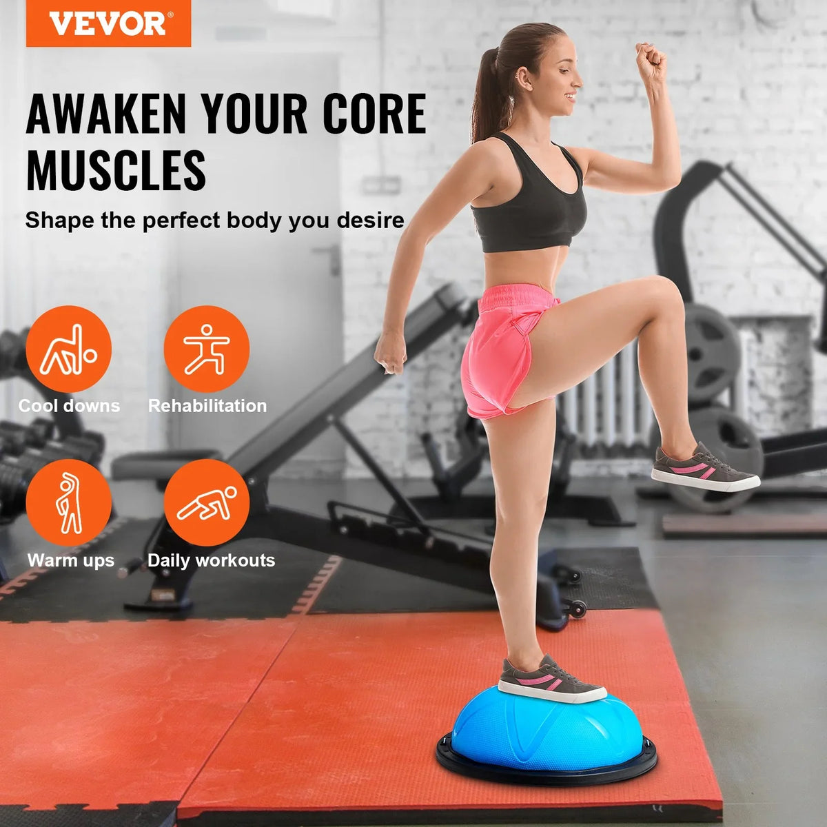 VEVOR Half Exercise Ball Trainer, 23 inch Balance Ball Trainer, 660 lbs Capacity Stability Ball, Yoga Ball with Resistance Bands and Pump, Strength Fitness Ball for Home Gym, Full Body Workouts, Blue - View 3