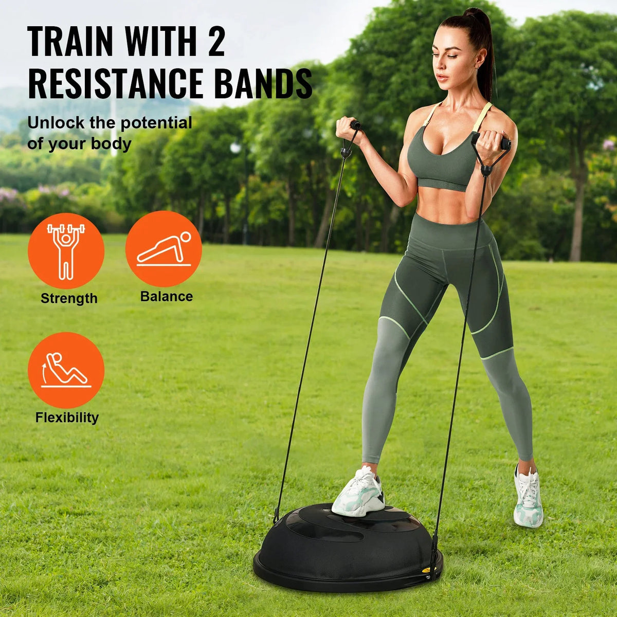 VEVOR Half Exercise Ball Trainer, 26 inch Balance Ball Trainer, 1500lbs Capacity Stability Ball, Yoga Ball with Resistance Bands & Foot Pump, Strength Fitness Ball for Home Gym Full Body Workout Black - View 2